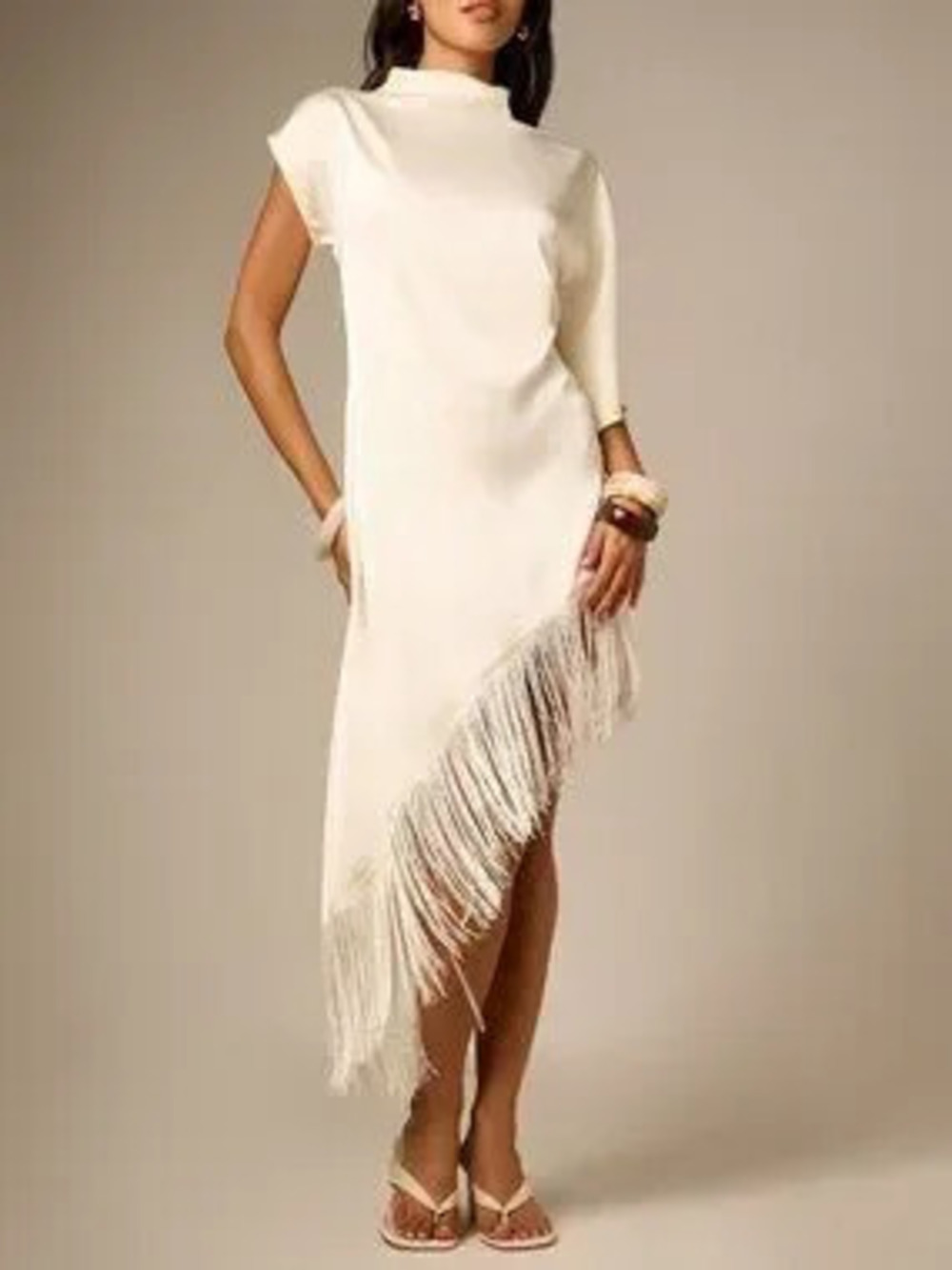ZARA Beige Asymmetric Fringe Women's Satin High Neck Cap Sleeve Midi Dress